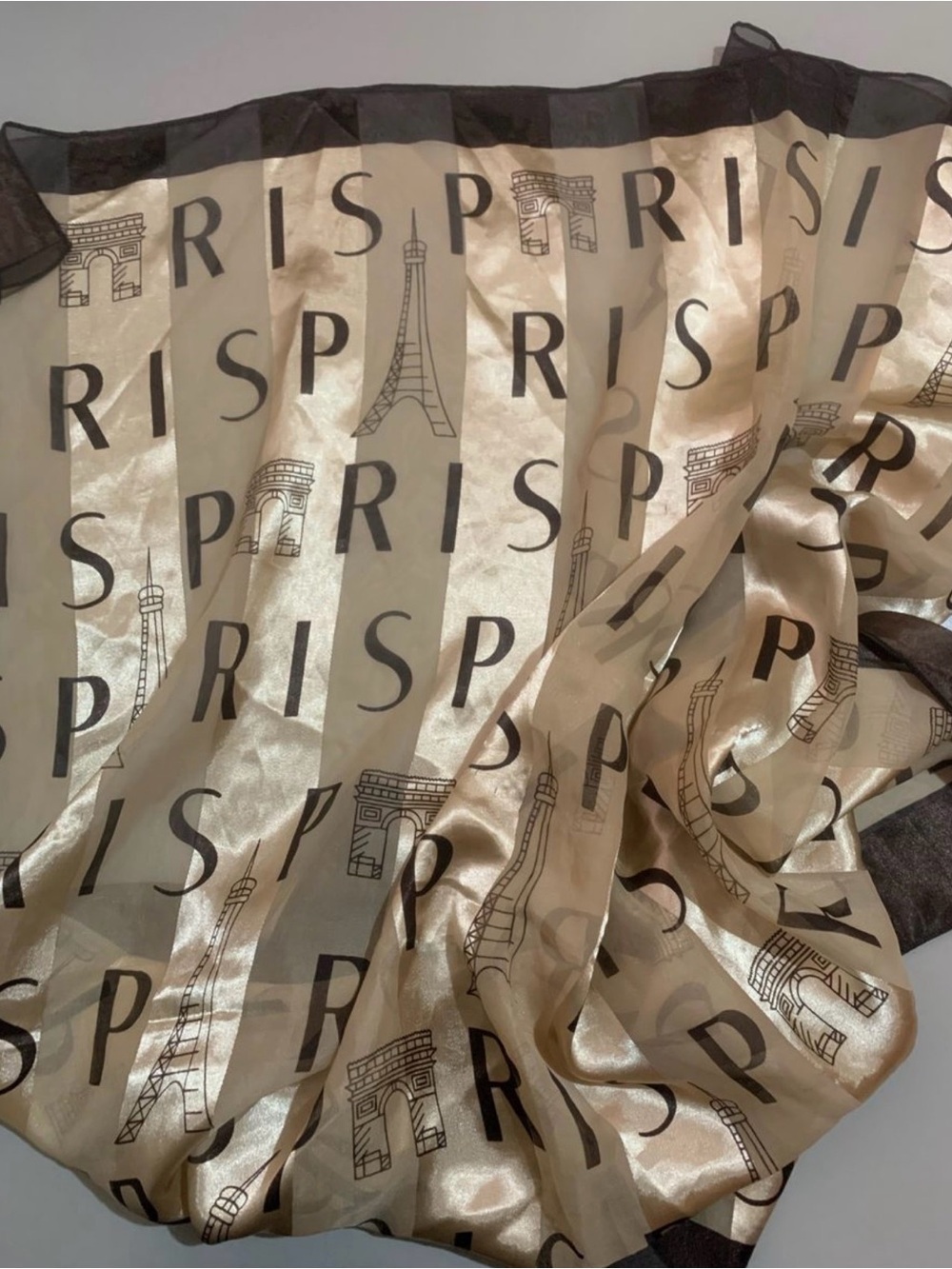 Paris Print Satin Scarf in Beige and Brown